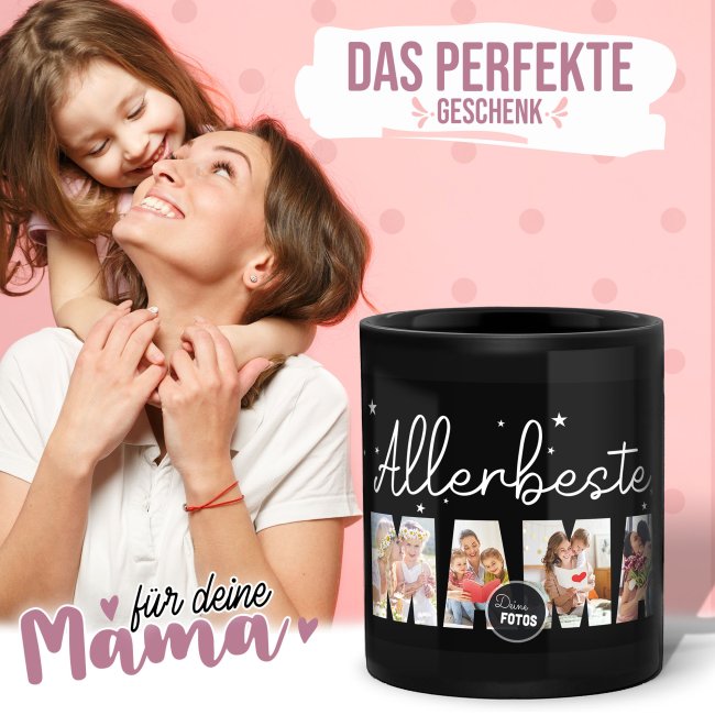 Schwarze Tasse - Allerbeste Mama oder Oma - hochgl&auml;nzend - mit 3 oder 4 Fotos gestalten