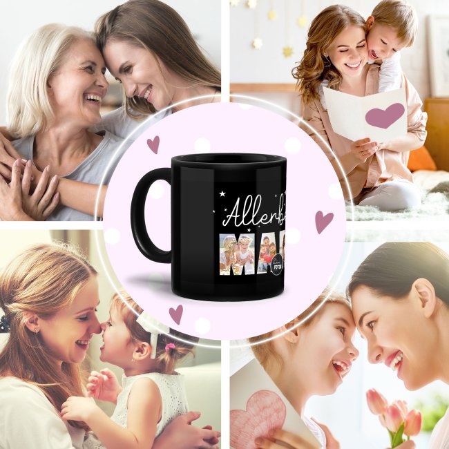 Hochgl&auml;nzende, schwarze Tasse - Allerbeste Mama - mit 4 Fotos gestalten