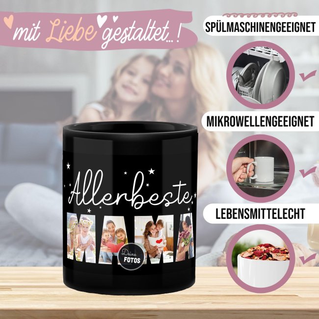 Hochgl&auml;nzende, schwarze Tasse - Allerbeste Mama - mit 4 Fotos gestalten