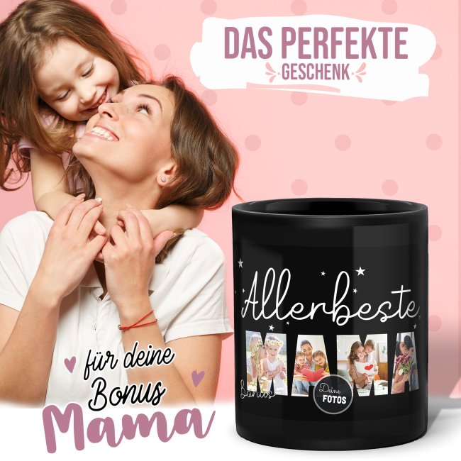 Hochgl&auml;nzende, schwarze Tasse - Allerbeste Bonus-Mama - mit 4 Fotos gestalten