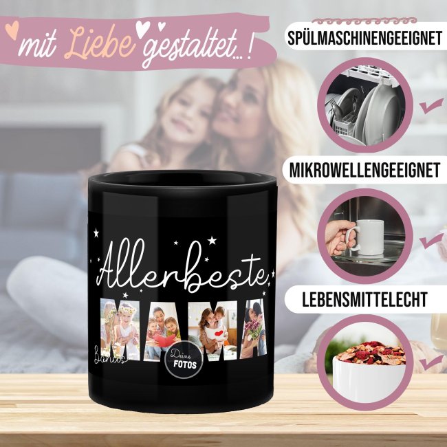 Hochgl&auml;nzende, schwarze Tasse - Allerbeste Bonus-Mama - mit 4 Fotos gestalten