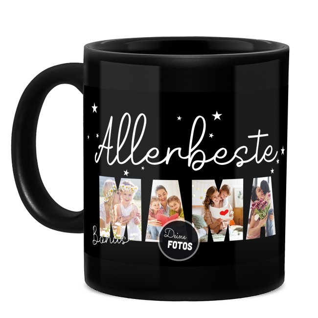 Hochgl&auml;nzende, schwarze Tasse - Allerbeste Bonus-Mama - mit 4 Fotos gestalten