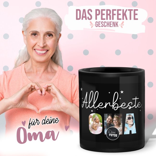 Hochgl&auml;nzende, schwarze Tasse - Allerbeste Oma - mit 3 Fotos gestalten