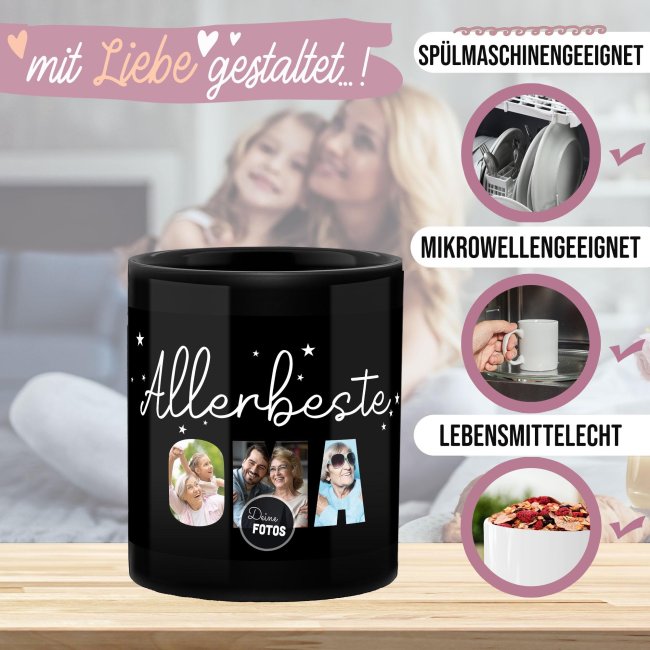 Hochgl&auml;nzende, schwarze Tasse - Allerbeste Oma - mit 3 Fotos gestalten