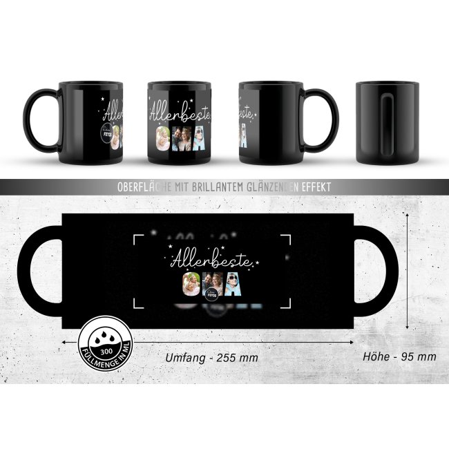 Hochgl&auml;nzende, schwarze Tasse - Allerbeste Oma - mit 3 Fotos gestalten