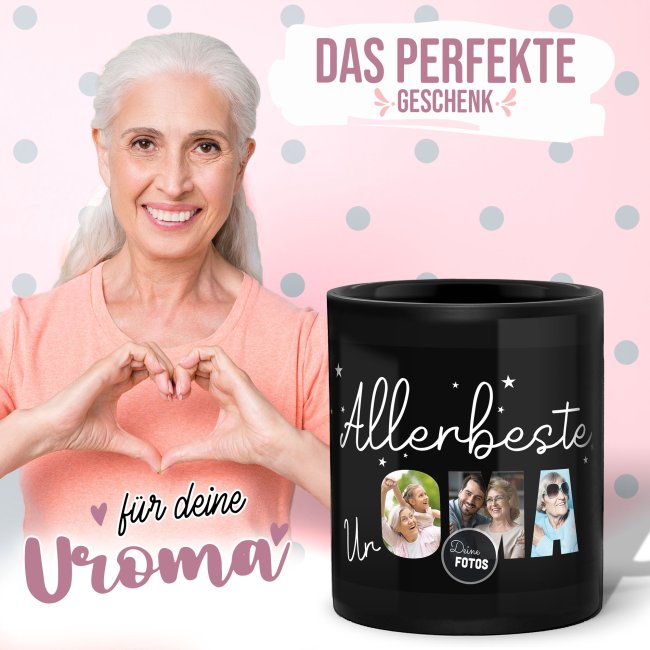 Hochgl&auml;nzende, schwarze Tasse - Allerbeste Uroma - mit 3 Fotos gestalten