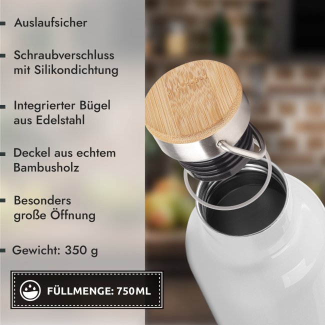 Trinkflasche mit Bambusdeckel und B&uuml;gel selbst gestalten - Wei&szlig; - 750 ml