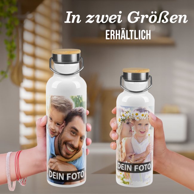 Trinkflasche mit Bambusdeckel und B&uuml;gel selbst gestalten - Wei&szlig; - 750 ml