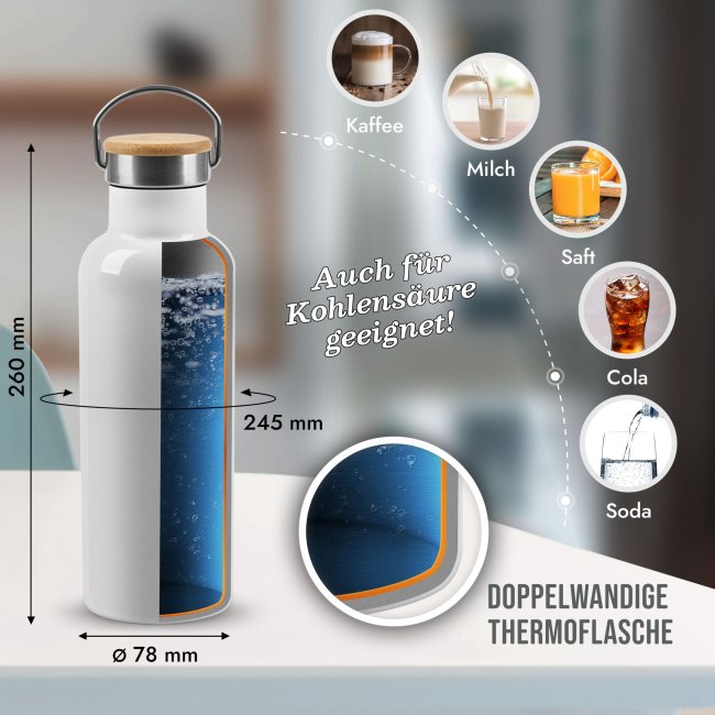 Trinkflasche mit Bambusdeckel und B&uuml;gel selbst gestalten - Wei&szlig; - 750 ml