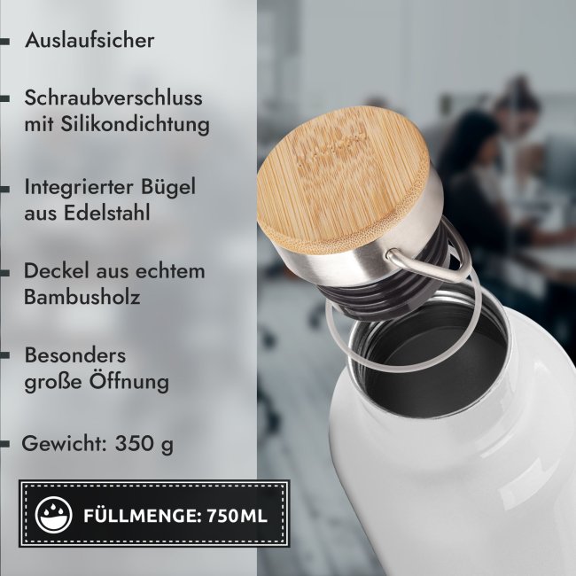 Trinkflasche mit Bambusdeckel und B&uuml;gel - mit Logo und Text gestalten - Wei&szlig; - 750 ml