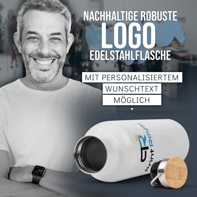 Trinkflasche mit Bambusdeckel und B&uuml;gel - mit Logo und Text gestalten - Wei&szlig; - 750 ml