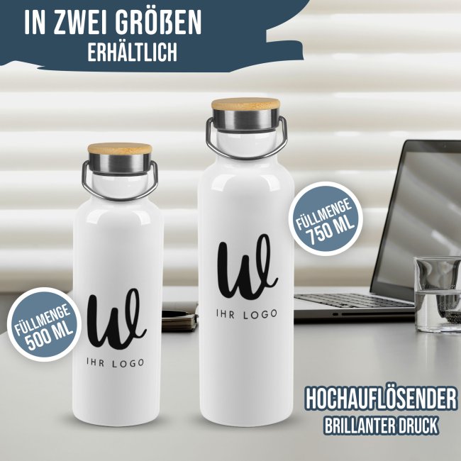 Trinkflasche mit Bambusdeckel und B&uuml;gel - mit Logo und Text gestalten - Wei&szlig; - 750 ml