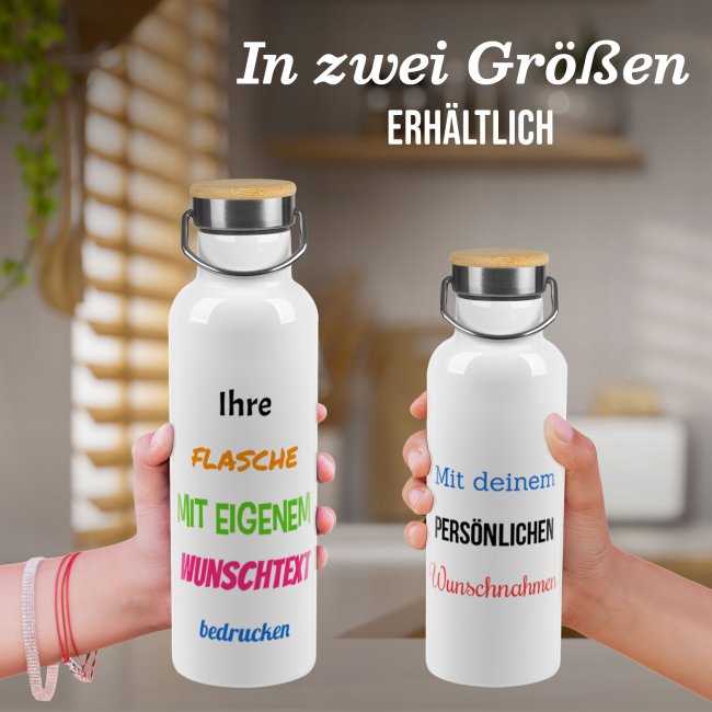 Trinkflasche mit Bambusdeckel und B&uuml;gel - mit Wunschtext beschriften - Wei&szlig; - 750 ml