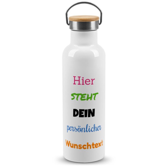 Trinkflasche mit Bambusdeckel und B&uuml;gel - mit Wunschtext beschriften - Wei&szlig; - 750 ml