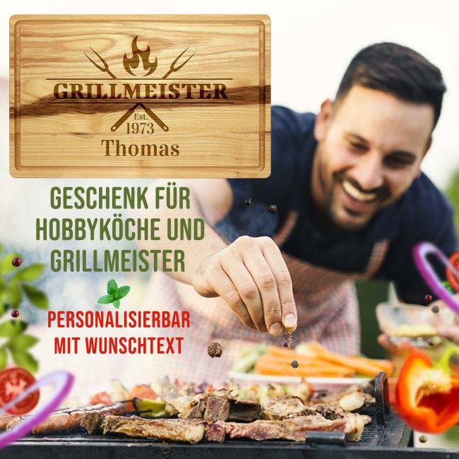 Gro&szlig;es Schneidebrett mit Gravur - Grillmeister est. - mit Name und Jahr personalisierbar