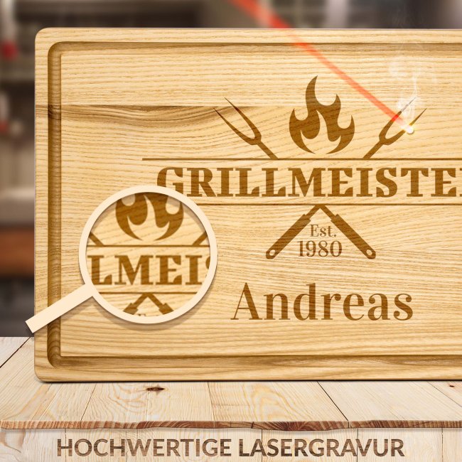 Gro&szlig;es Schneidebrett mit Gravur - Grillmeister est. - mit Name und Jahr personalisierbar