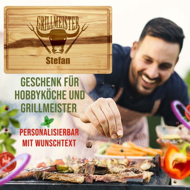 Gro&szlig;es Schneidebrett mit Gravur - Grillmeister Rind - mit Name personalisierbar