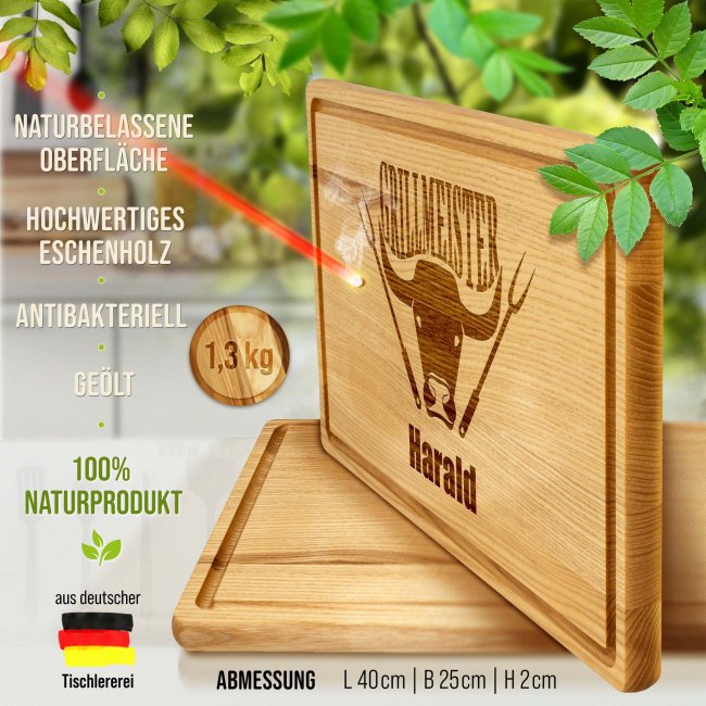 Gro&szlig;es Schneidebrett mit Gravur - Grillmeister Rind - mit Name personalisierbar