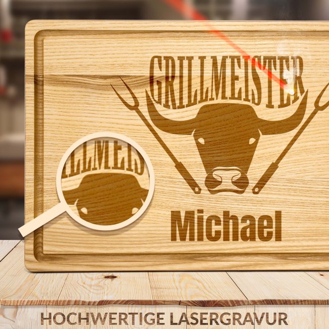 Gro&szlig;es Schneidebrett mit Gravur - Grillmeister Rind - mit Name personalisierbar