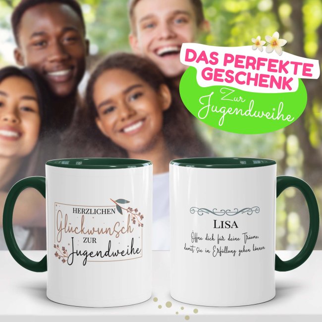 Tasse zur Jugendweihe - &Ouml;ffne dich f&uuml;r Tr&auml;ume - mit Name personalisierbar