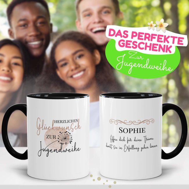 Tasse zur Jugendweihe - Pusteblume - &Ouml;ffne dich f&uuml;r Tr&auml;ume - mit Name personalisierbar