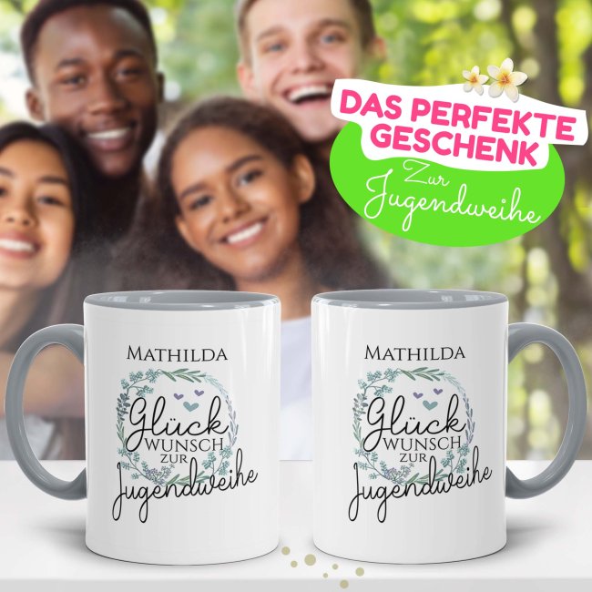 Tasse zur Jugendweihe - Kranz - Gl&uuml;ckwunsch - mit Name personalisierbar