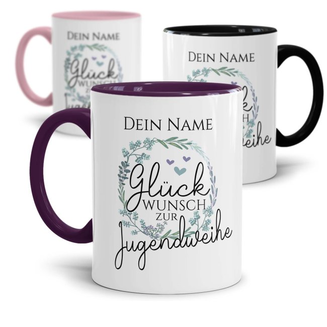 Tasse zur Jugendweihe - Kranz - Gl&uuml;ckwunsch - mit Name personalisierbar