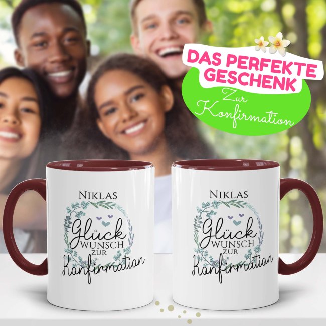 Tasse zur Konfirmation - Kranz - Gl&uuml;ckwunsch - mit Name personalisierbar