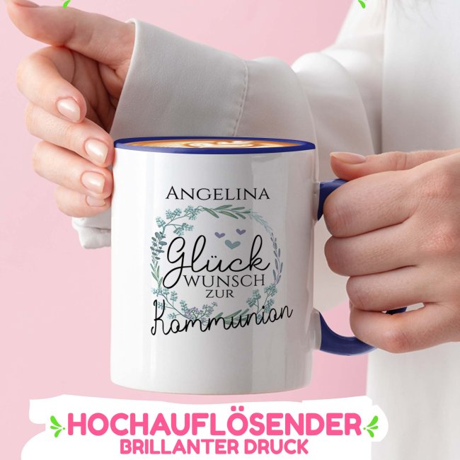 Tasse zur Kommunion - Kranz - Gl&uuml;ckwunsch - mit Name personalisierbar