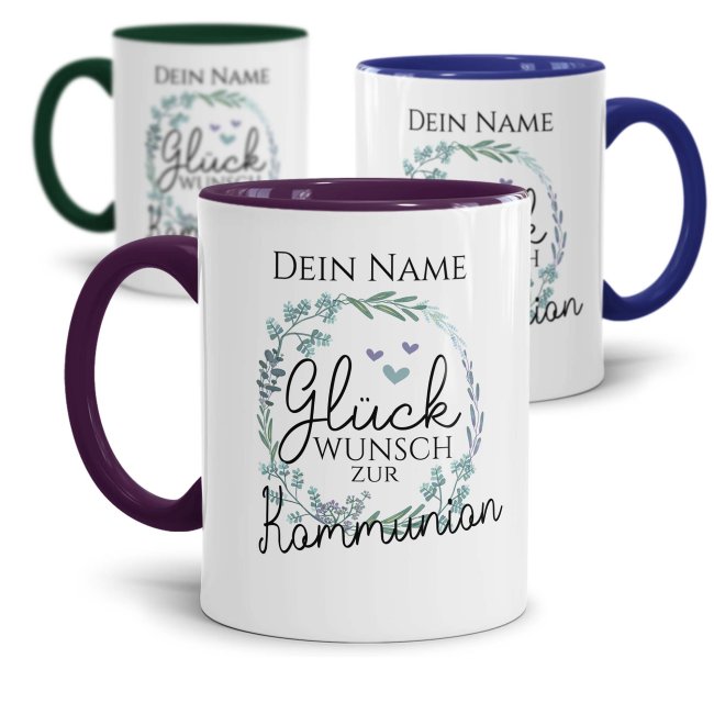 Tasse zur Kommunion - Kranz - Gl&uuml;ckwunsch - mit Name personalisierbar