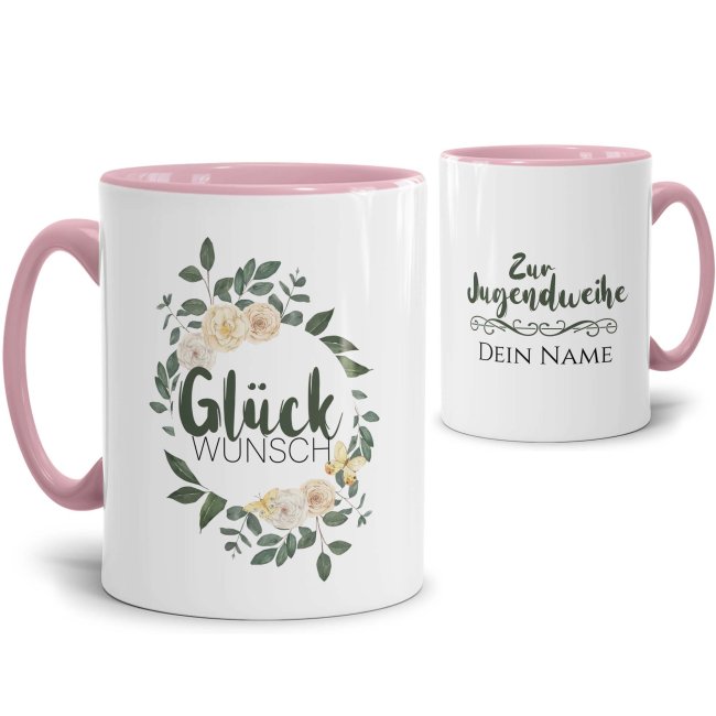 Tasse zur Jugendweihe - Rosenkranz - Gl&uuml;ckwunsch - mit Name personalisierbar