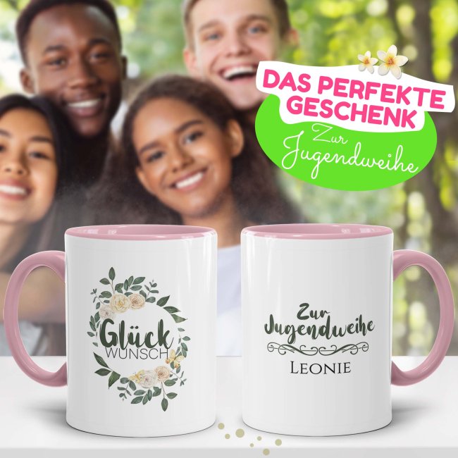 Tasse zur Jugendweihe - Rosenkranz - Gl&uuml;ckwunsch - mit Name personalisierbar