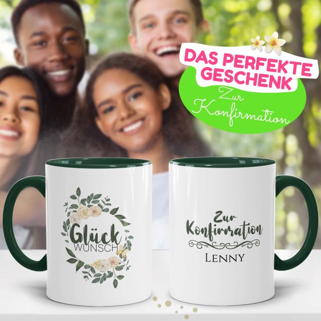 Tasse zur Konfirmation - Rosenkranz - Gl&uuml;ckwunsch - mit Name personalisierbar