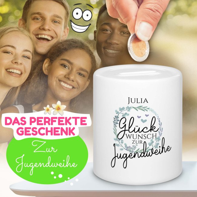 Spardose - Gl&uuml;ckwunsch zur Jugendweihe - mit Name personalisierbar