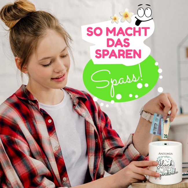 Spardose - Gl&uuml;ckwunsch zur Jugendweihe - mit Name personalisierbar