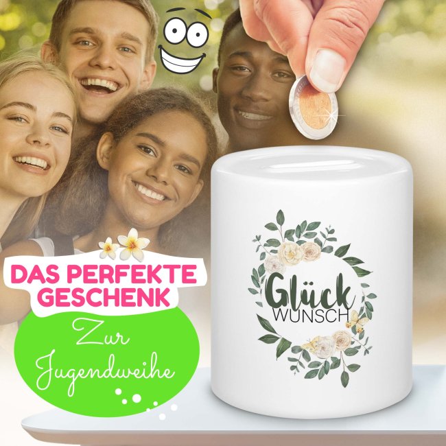 Spardose zur Jugendweihe - Gl&uuml;ckw&uuml;nsche - mit Name personalisierbar