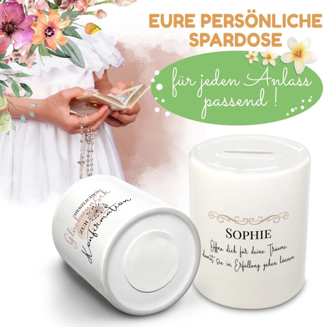 Spardose zur Konfirmation - Pusteblume - mit Name personalisierbar