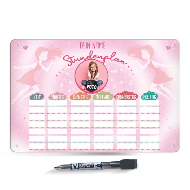 Abwischbarer Stundenplan - Metallschild magnetisch inkl. Stift - Fee - mit Foto und Name personalisierbar