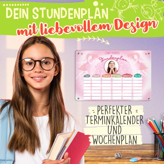 Abwischbarer Stundenplan - Metallschild magnetisch inkl. Stift - Fee - mit Foto und Name personalisierbar