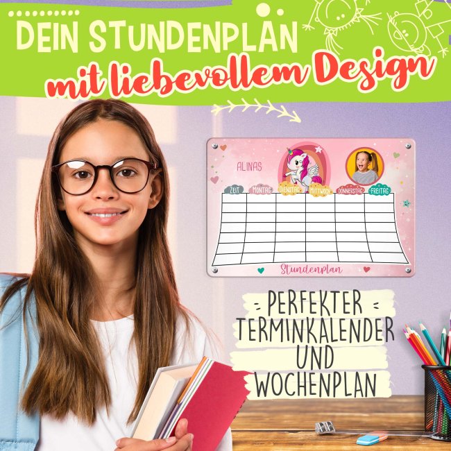 Abwischbarer Stundenplan - Metallschild magnetisch inkl. Stift - Einhorn - mit Foto und Name personalisierbar