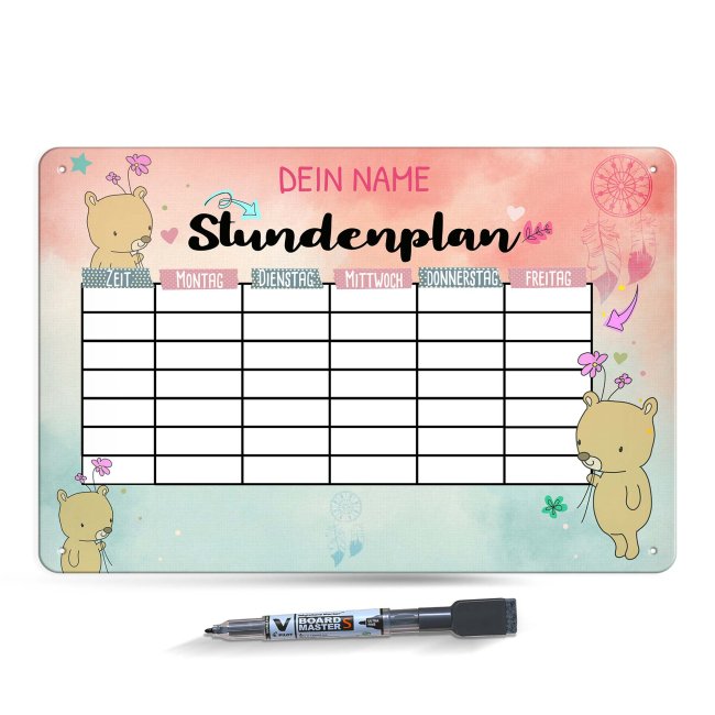 Abwischbarer Stundenplan - Metallschild magnetisch inkl. Stift - Teddy - mit Name personalisierbar