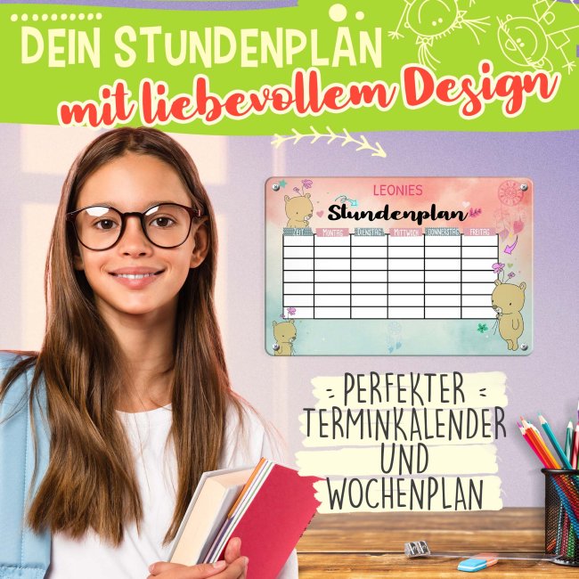 Abwischbarer Stundenplan - Metallschild magnetisch inkl. Stift - Teddy - mit Name personalisierbar