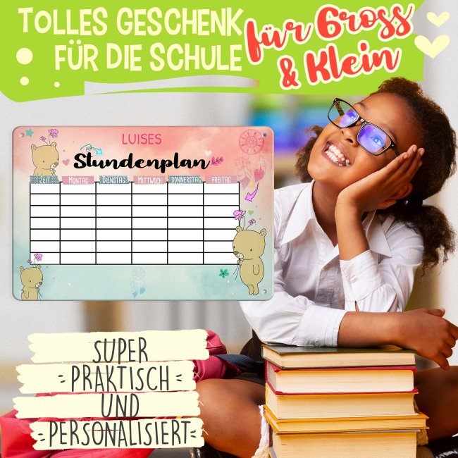 Abwischbarer Stundenplan - Metallschild magnetisch inkl. Stift - Teddy - mit Name personalisierbar