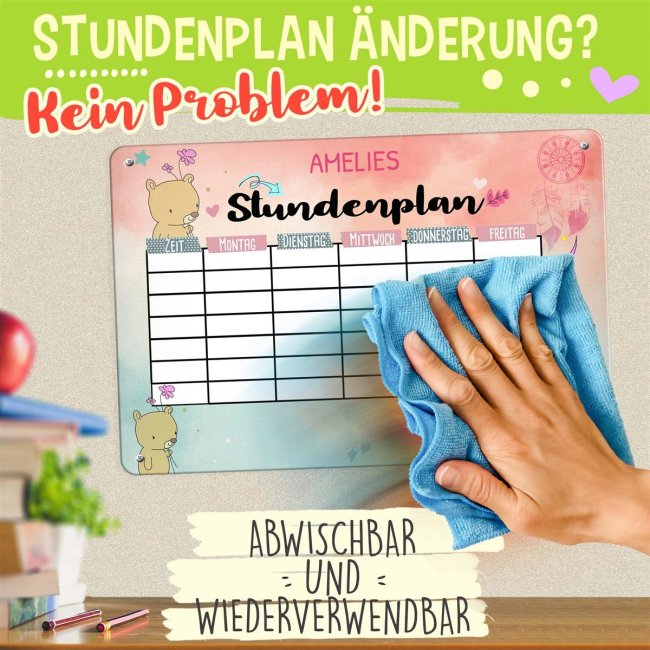 Abwischbarer Stundenplan - Metallschild magnetisch inkl. Stift - Teddy - mit Name personalisierbar