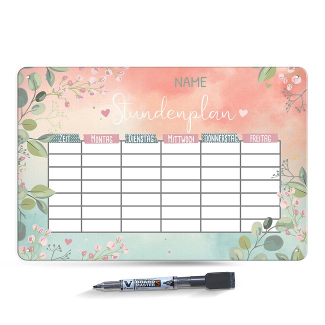 Abwischbarer Stundenplan - Metallschild magnetisch inkl. Stift - Blumen-Design - mit Name personalisierbar