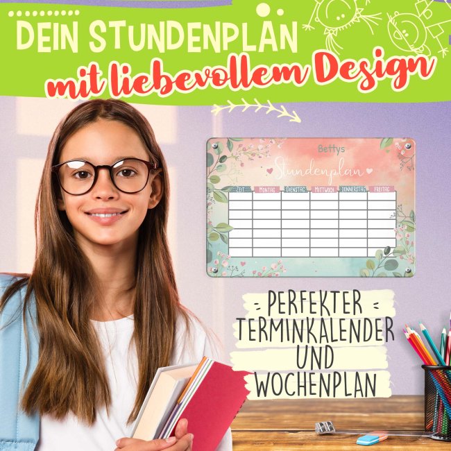 Abwischbarer Stundenplan - Metallschild magnetisch inkl. Stift - Blumen-Design - mit Name personalisierbar