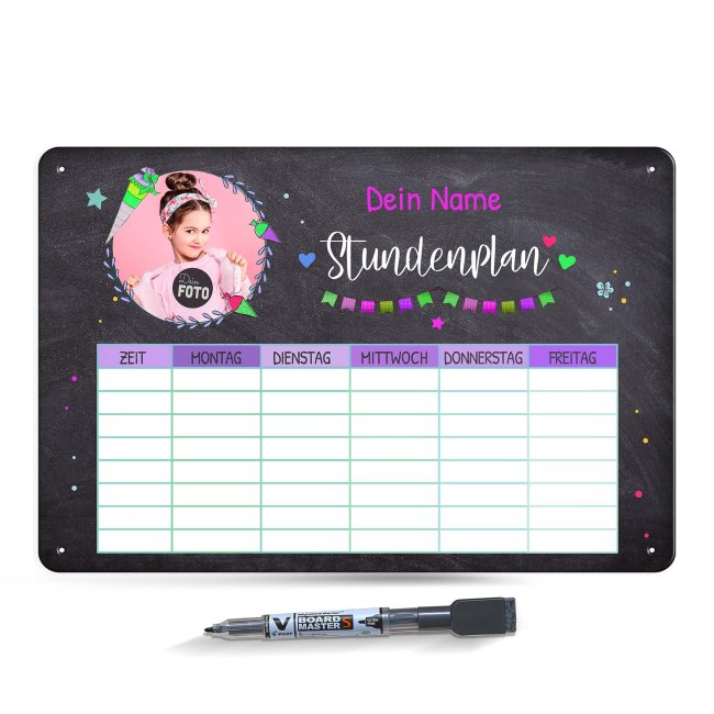 Abwischbarer Stundenplan - Metallschild magnetisch inkl. Stift - Tafel-Design - mit Foto und Name personalisierbar