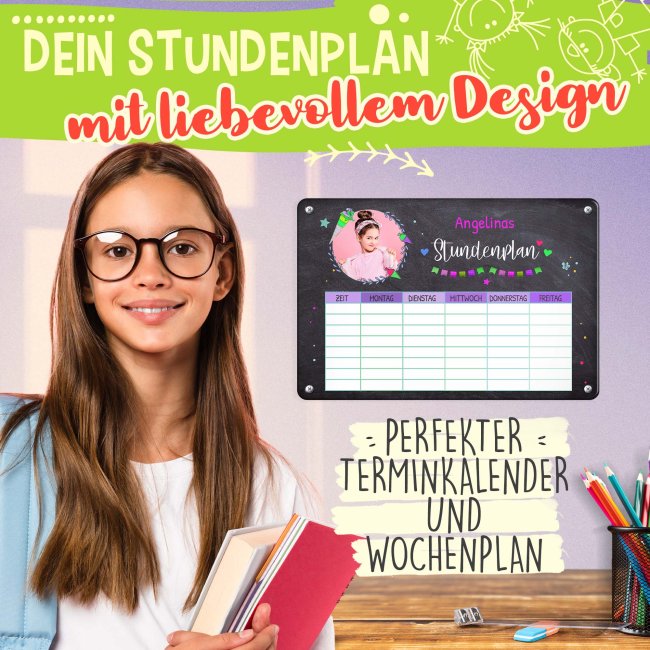 Abwischbarer Stundenplan - Metallschild magnetisch inkl. Stift - Tafel-Design - mit Foto und Name personalisierbar