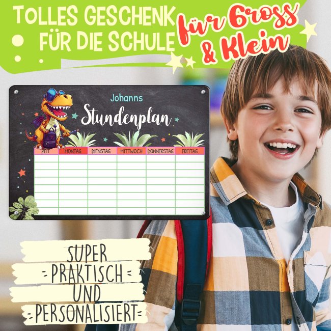 Abwischbarer Stundenplan - Metallschild magnetisch inkl. Stift - T-Rex - mit Name personalisierbar - Einschulungsgeschenk