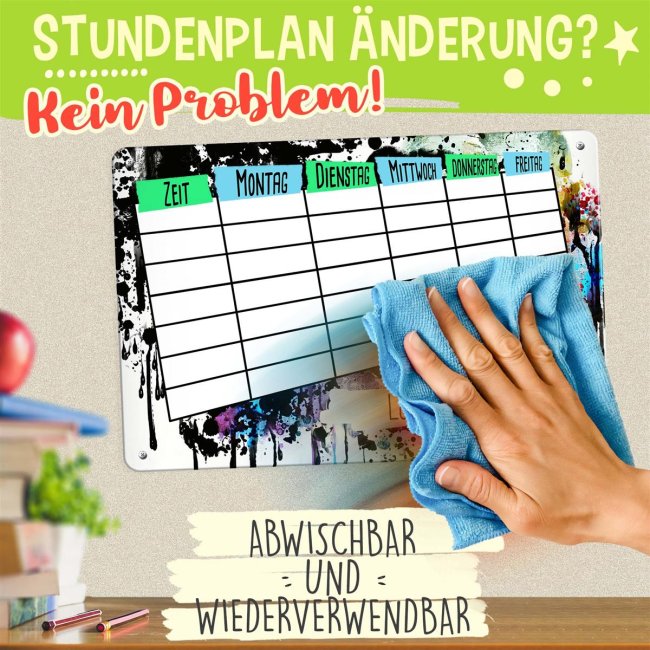 Abwischbarer Stundenplan - Metallschild magnetisch inkl. Stift - Graffiti Katze - mit Name personalisierbar